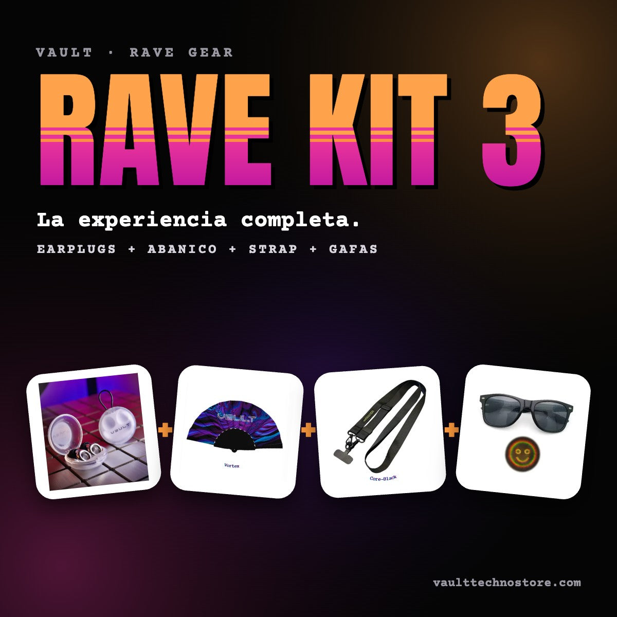 Rave Kit 3 de VAULT: earplugs, abanico, strap y gafas difractales